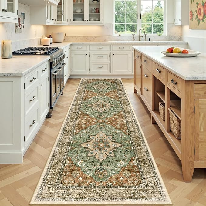 RELEANY Washable Area Rug, Runner 3'x9', Brick/Brown/Green | Non-Slip, Water Repellent, Pet Friendly, Easy to Clean, Vintage Floral Boho Decor for Kitchen Hallway Bedroom Laundry