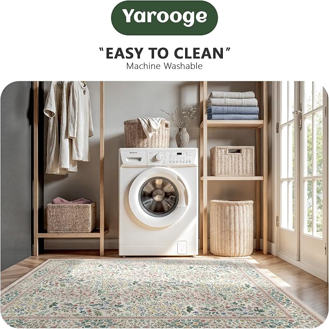 8x10 Area Rugs, Machine Washable Low Pile Floral Rugs for Living Room, Bedroom, Large Boho Area Rug with Non-Slip Backing for Dining Room(Pink Floral)