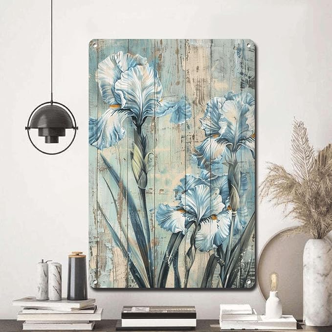 Metal Sign Tin Sign Vintage Wall Art Rustic Celebration Irises Tin Sign for Easy Installation Weather Resistant Design and Vintage AES Gardening Sign for Club 6×8 Inches