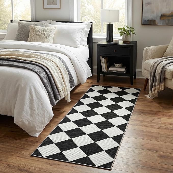 GarveeHome Checkered Hallway Runner Rug 2.5x10 Black and White Kitchen Rug | Long Non Slip Soft Diamond Print Entryway Rug Thin Laundry Mat Stain Resistant Carpet for Bedroom Bathroom Beside