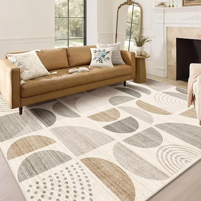 5x7 Area Rugs Boho,Washable Rugs Non Slip Modern Abstract Large | Throw Carpet for Living Room Bedroom Dining Room Soft Low Pile Floor Indoor Bohemian Neutral Beige