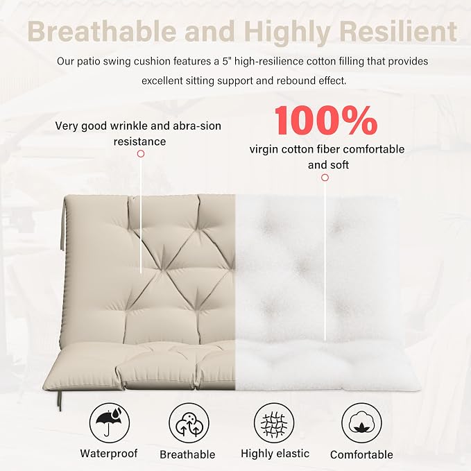 Porch Swing Cushion with Backrest,Waterproof Bench Cushion for Outdoor Furniture,2-3 Seater Replacement Thickened 5 in swing cushion,with Ties,Patio,Outdoor,Backyard and Cream (Cream,40x40 in)