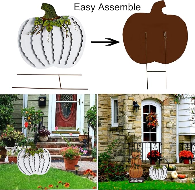 26" H Metal Pumpkin Yard Stake Outdoor Fall Decor Rustic Pumpkin Garden Stake Autumn Yard Sign Pumpkin Lawn Ornaments for Porch Garden Home Patio Harvest Thanksgiving Halloween Decorations