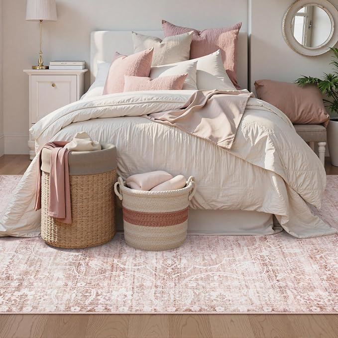 Lahome Pink Rugs for Bedroom Girls,Cute Nursery Rug Boho Area Rugs 5x7 | Floral Living Room Rug Carpet Ultra-Thin Soft Washable, Kids Rugs for Playroom Baby Room Decor Dorm Aube (Light Pink, 5'X7')