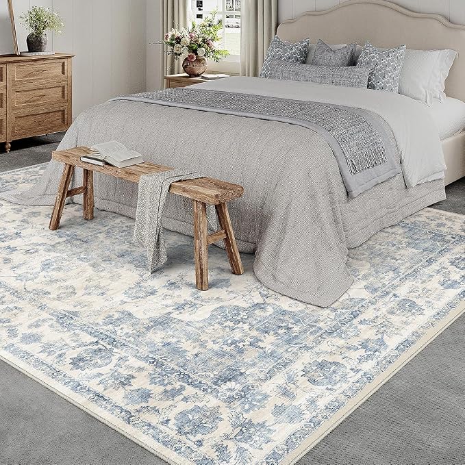 12x15 Blue Neutral Area Rug | Washable, Non Slip, Soft Low Pile, Vintage Farmhouse, Extra Large, for Living Room Bedroom Dining Room Office Home Decor