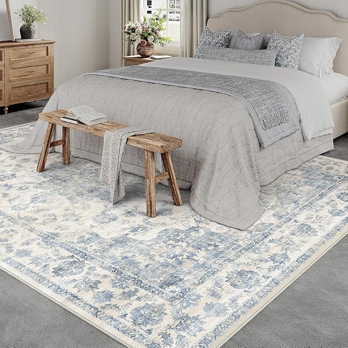10x12 Blue Neutral Area Rug | Washable, Non Slip, Soft Low Pile, Vintage Farmhouse, Large, for Living Room Bedroom Dining Room Office Indoor Home Decor
