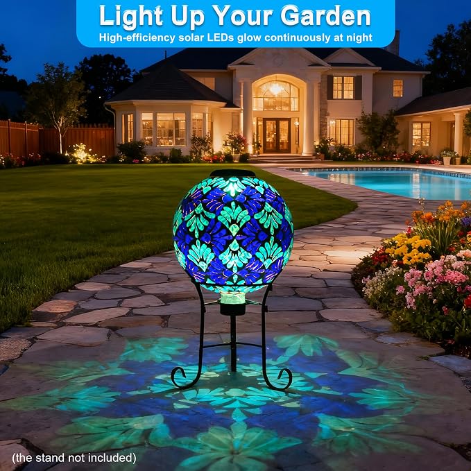 SAVENNA Mosaic Solar Gazing Ball 10 Inch, Glass Garden Globe with Auto On/Off for Yard, Lawn & Outdoor Decor, Blue Mosaic