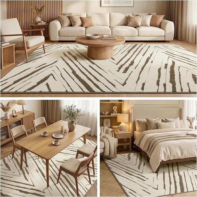 5x7 Area Rug for Living Room, Washable Cream Brown Bedroom Rug | Washable Modern Minimalist Rug for Bedroom, Living Room, and Office with Abstract Stripes and Non-Slip Backing