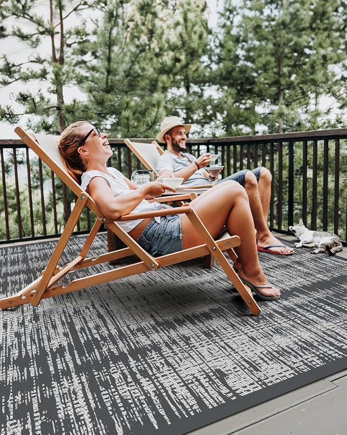 MontVoo Outdoor Rug Waterproof 6x9 ft Outdoor Carpet Patio Rug Mat Reversible RV Camping Rug Plastic Straw Outside Rug for Balcony Porch Deck Picnic Beach Modern Grey