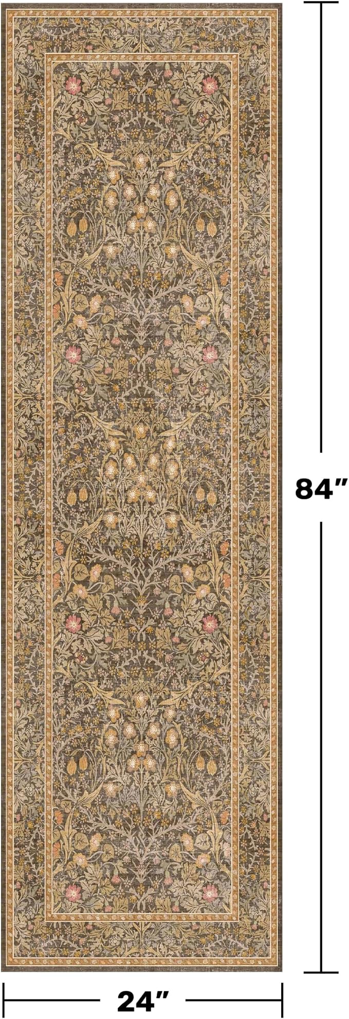 Non Slip 2x7 Gold Brown Runner Rugs - Washable Long Runner for Bathroom, Kitchen, Hallway, Indoor Floor Mat, Bedroom Bedside - Brown Earthy Vintage Floral Décor
