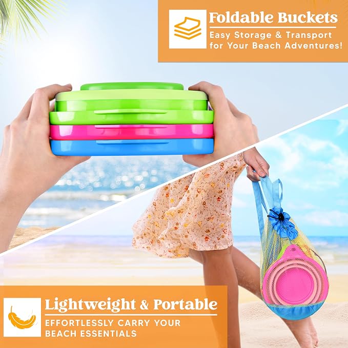 JOYIN 3 Packs Foldable Pail Bucket with Shovels & Mesh Bag, Collapsible Buckets Multi Purpose for Beach, Camping Gear, Beach Party, Fishing, and Fun Summer Activities (Blue/Pink/Green)