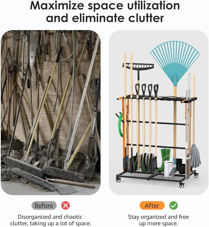 CCCEI Garage Organization with Wheels, Outdoor Gargen Yard Shed Tools Organizer Cart, Home Storage for Cleaning Supplies, Broom Holder, for Shovel and Rake, Long Farming and Farming Tools, Orange.