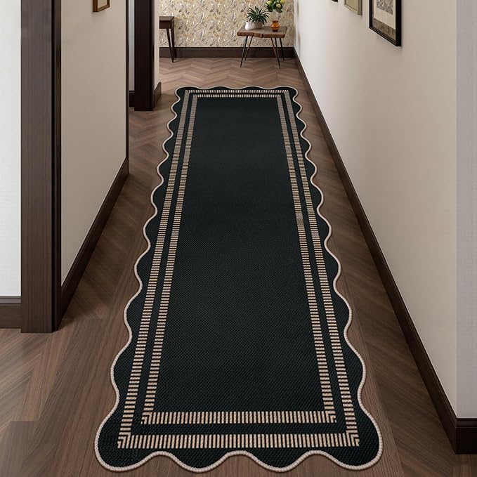 Scalloped 2.6x8 Kitchen Runner Rug, Washable Rugs for Entryway Non Slip Outdoor Indoor Black Long Rug, Farmhouse Morden Carpet for Hallway Bedroom
