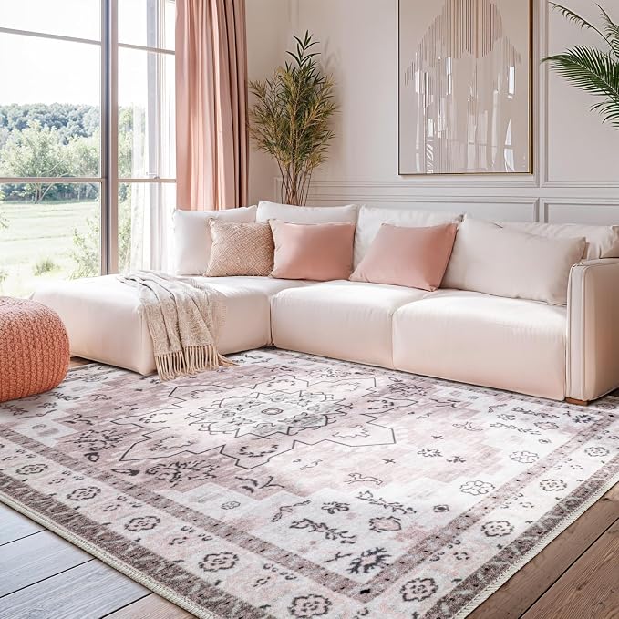 LBRO2M Machine Washable Rug Soft Pet Friendly Carpet 4X6 Pink | Persian Rug 4X6 for Living Room, Bedroom, Dining Room, Home Office, Non Slip Carpet, Foldable Stain Resistant Rugs