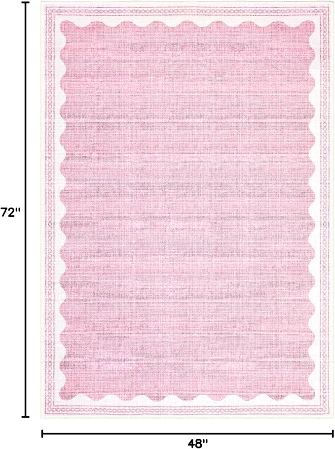 4x6 Scalloped Area Rugs Pink Washable Entryway Bedroom Rug | Solid Tan Rug for Bedroom Girls, Non Slip Throw Carpet With Rubber Back, Soft Dorm Nursery Scalloped Rugs for Dining Room