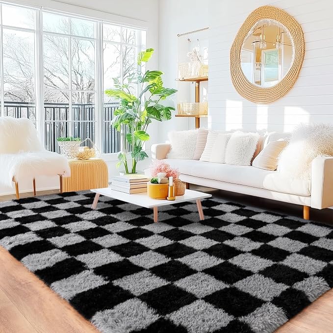 Checkered Rug 9x12 for Living Room, Ultra Fluffy Fuzzy Shag Black and Grey Large Area Rug for Bedroom, Modern Plush Soft Upgrade Non-Slip Carpet for Kids Girls and Boys Room Dorm Home Decor