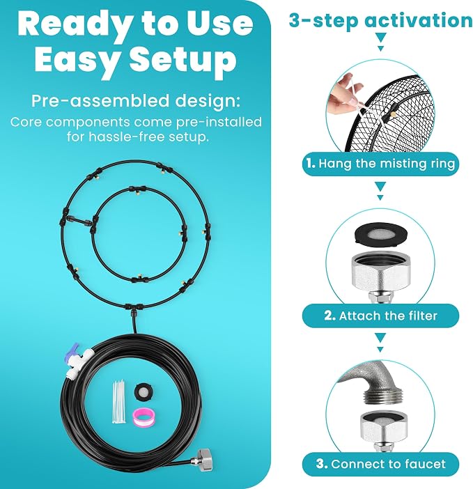 Fan Misting Kit for Cooling Outdoor, 27 FT Misting Hose with 8 brass nozzles for Cooling for Patio, Camping, BBQ, Pool & Garden Outdoor