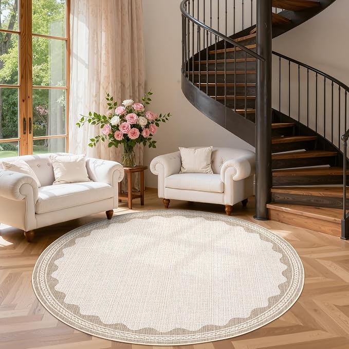 GarveeHome Scalloped Beige 5ft Round Rug Washable Non-Slip Soft Ultra-Thin Small Circle Modern Cottage Core Solid Carpet for Entryway Kitchen Bedroom Nursery Dining Room