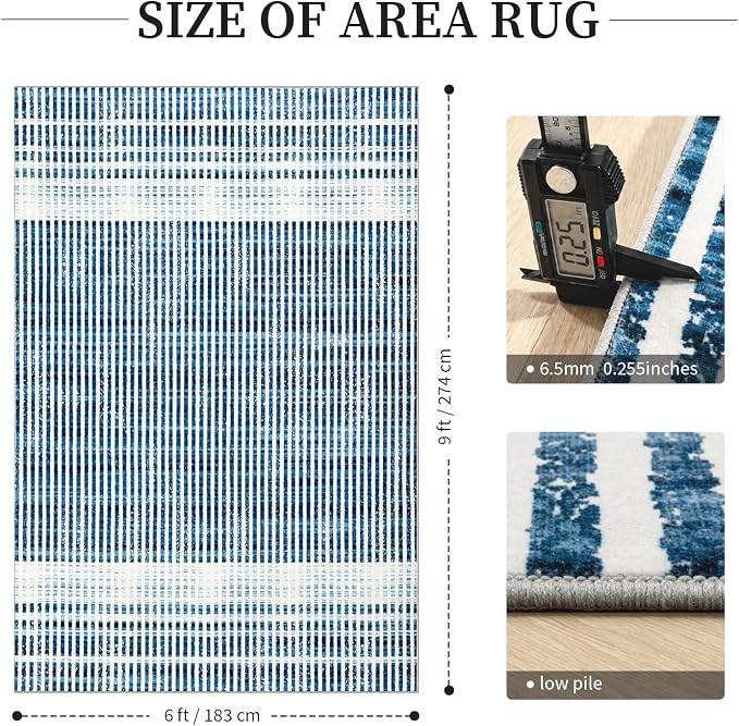 Washable 6x9 Modern Striped Area Rug, Abstract Living Room Rug | Beige Blue, Soft Low Pile, Skin Friendly, Non-Slip for High Traffic, Bedroom Vintage Coastal Nautical Style Home Decor