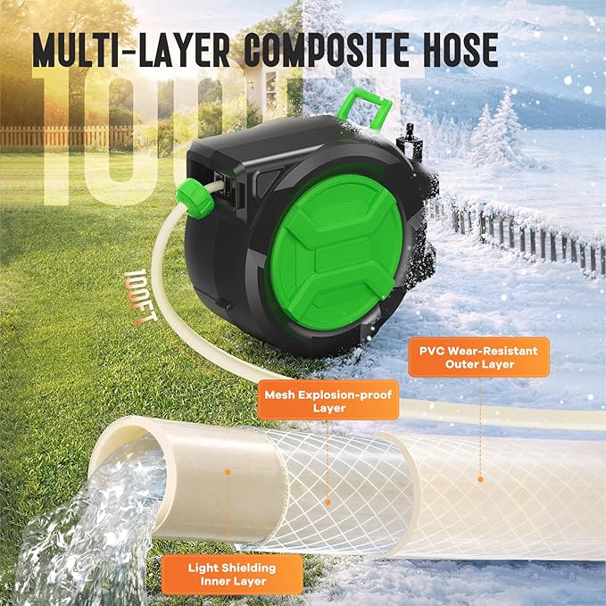 Retractable Garden Hose Reel 1/2" x 100ft, Wall Mounted Water Hose Reel with Auto Rewind, Any Length Lock, 180° Swivel Bracket & 9-Pattern Spray Nozzle, Heavy Duty Outdoor Hose Storage for Garden