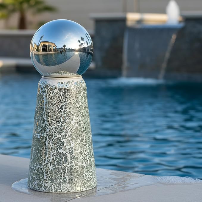 Sunnydaze Glass Gazing Ball Stand for Outdoors, Mirrored Diamond | Outdoor Mosaic Sphere Holder & Pedestal for Backyard or Patio Decoration, 11" Tall Gazing Globe Stand, Fits 10-12 in Balls