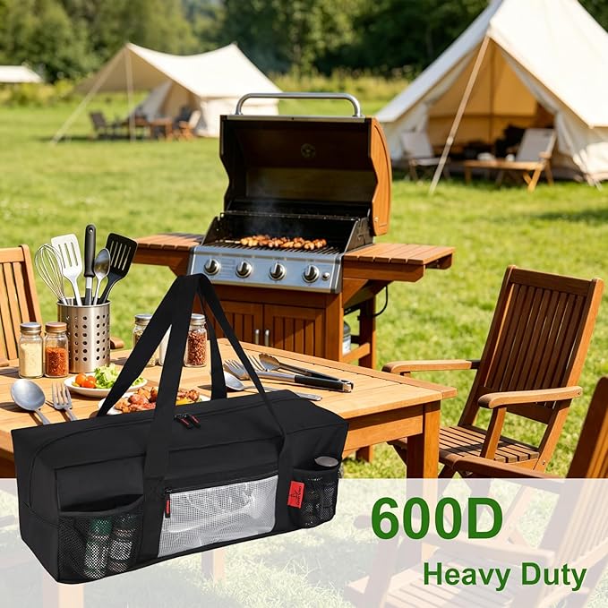 24" BBQ Tool Storage Bag with Pockets, Grill Tool Organizer- Heavy-Duty Storage Bag Waterproof 600D Oxford, Folding Design Gift for Camping, Tailgates, Outdoor BBQ Parties (24" Lx8 Wx8 H)