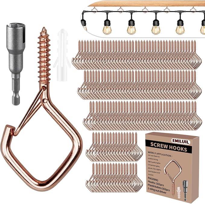 102 PCS Metal Rose Gold Eye Screw Hooks for Hanging Heavy Duty.Windproof Ceiling Hooks for Hanging Plants,Cup,Wind Chime,Bird Feeders,Christmas String Lights at Indoor&Outdoor 2.2 Inch