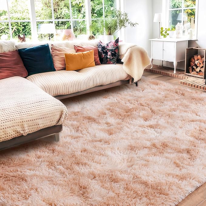 Large Area Rugs 9x12 Living Room, Ultra Fluffy Fuzzy Shag Rug for Bedroom, Modern Plush Soft High Pile Upgrade Non-Slip Carpet for Kids Girls and Boys Room Dorms Decor, Tie-Dyed Beige