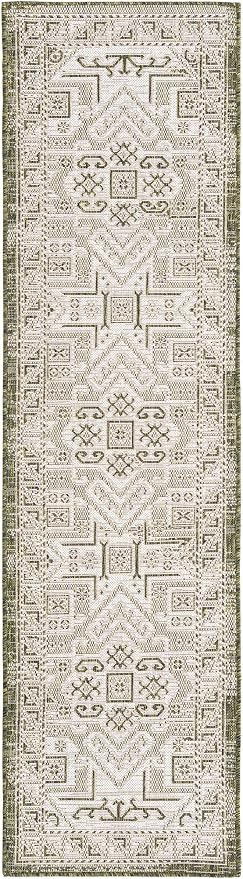 Unique Loom Outdoor Aztec Collection Area Rug - Coba (2' x 7' 10" Runner, Green/ Ivory)