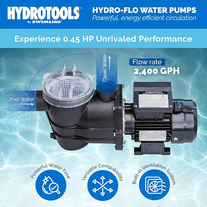 Swimline HYDROTOOLS Model 71236 Hydro-Flo Above-Ground Pool Replacement Pump, Vertical Discharge - 0.45 HP, 2,400 GPH, 115V/60Hz, Single Speed, for Sand, Cartridge & DE Filter Systems | Above-ground Pool Pump, 0.45 HP, 2, 400 GPH, Vertical Discharge, S...