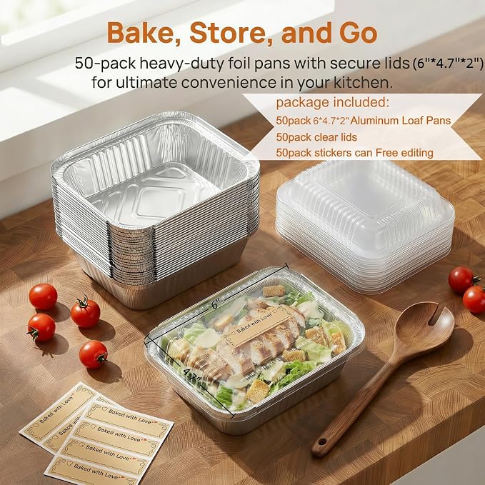 Gyeruni 50 Pack Disposable Aluminum Loaf Pans with Lids and Stickers Kit, 6" X 4.7" X 2" Small Tin Foil Loaf Pans Foil Baking Tins Trays for Food Containers/Cakes/Bread