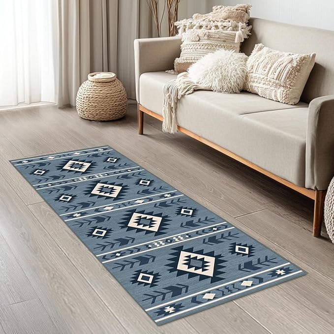Western Runner Rug 2x6 for Hallway Kitchen Bedroom, Southwestern Aztec Tribal Runner Rugs Southwest Navajo Machine Washable Rug Non-Slip Printed Low-Pile Floor Carpet Mat for Living Room, Blue