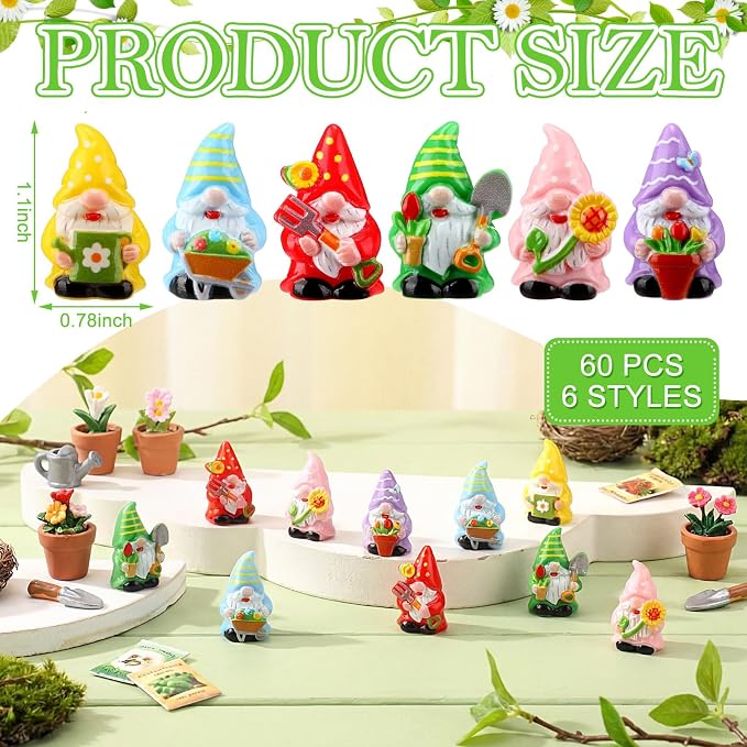 Yaomiao 60 Pcs Mini Gnomes Figurines Flower Resin Gnomes Figurines Decorations Sunflower Tulips Flowers Pots Mini Resin Gnome for Summer Table Landscape Fairy Garden Accessories Tiered Tray Decor