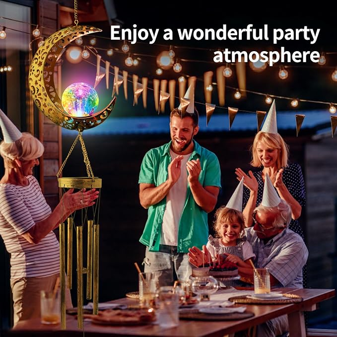 Solar Moon Wind Chimes for Outside Color Changing Unique Birthday Mom Gifts for Women Mom Grandma Crackle Glass Ball LED Wind Chimes Solar Lights Outdoor Garden Decor Light for Patio Yard Backyard