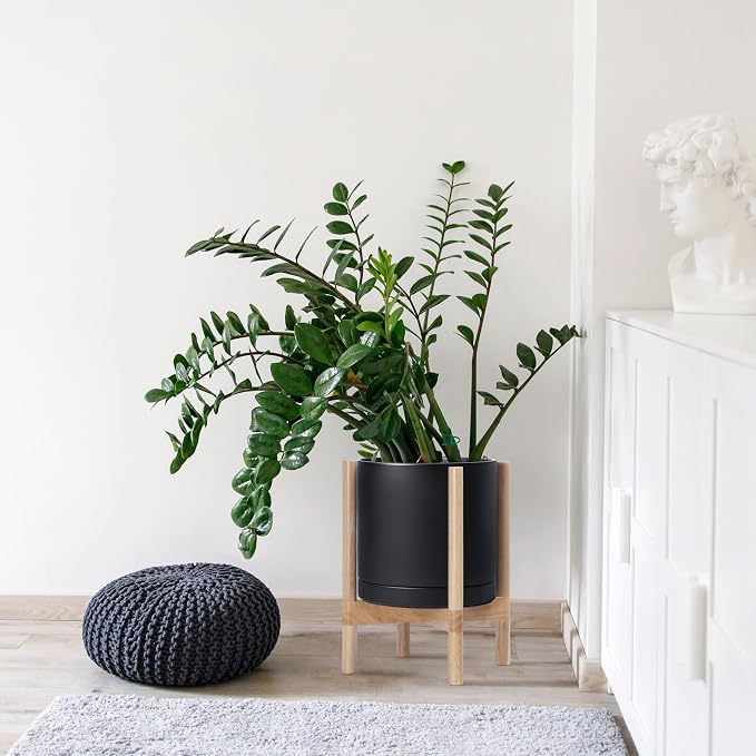 D'vine Dev Ceramic Planter with Natural Stand - 12 Inch Modern Round Flower Pot with Wood Planter Holder, Black, 55-B-J-2