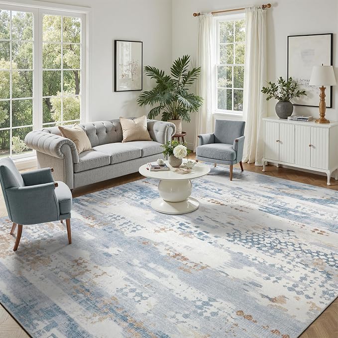 DCX Washable Abstract Area Rug 8x10, Non Slip Low Pile Rug, Blue | Easy to clean, non-shedding, soft, kid & pet friendly, with a non-slip rubber backing for living rooms, bedrooms, and offices