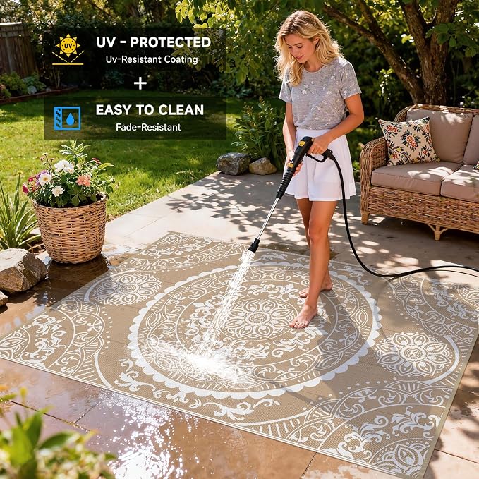 Pauwer Waterproof Outdoor Rug 6x9, Reversible Plastic Straw Patio Camping Rug, Indoor Outdoor RV Mat Carpet for Deck, Camper, Porch, Balcony, Backyard, Picnic, Paisley Brown