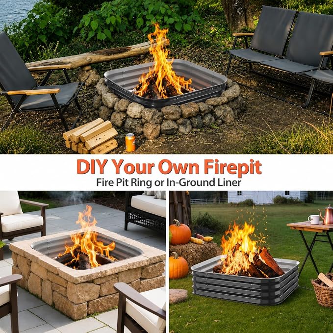 48 Inch Heavy Duty Square Fire Pit Ring for Outside, 11" Deep Galvanized Steel Fire Pit Insert for Backyard Bonfires, DIY Outdoor Wood Burning Firepit for Patio, Camping & Outdoor Fireplace