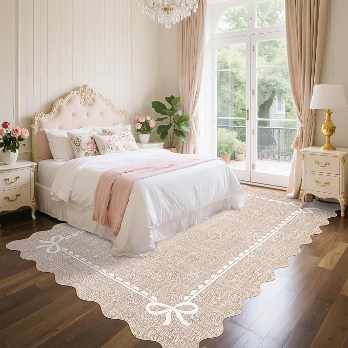 GarveeHome Scalloped Bow Rug 9x12 Washable Camel Rug for Living Room | Non Slip Soft Low Pile Large Indoor Carpet for Nursery Girls Bedroom Decor Hallway Kids Room College Dorm Playroom