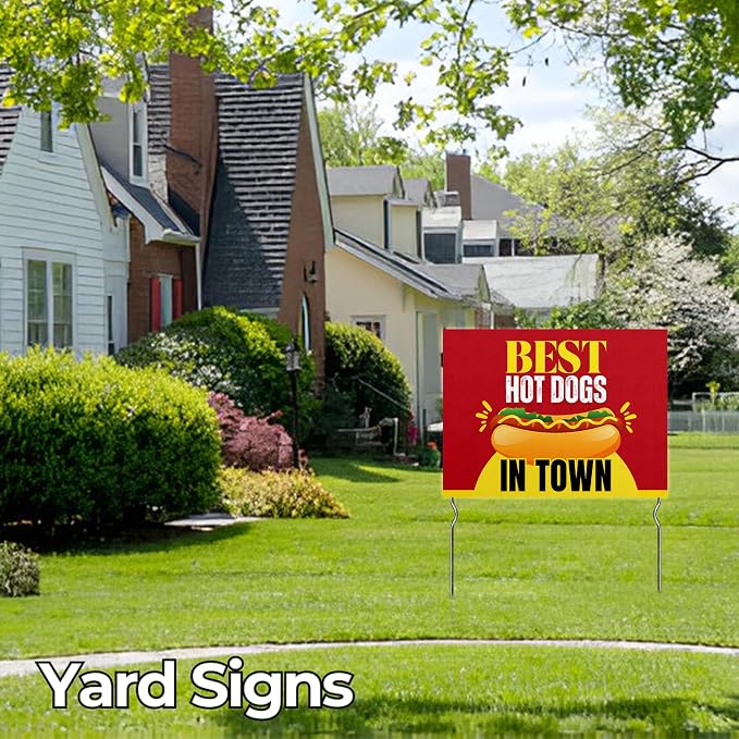 Besst Hot Dogs in Town - Stop In! Yard Sign by DC | 24"x18" Double Sided Conv. Store Garden Sign with 13” Metal Stakes | Outdoor Signs Waterproof for Lawn, Patio, Sidewalk & House | Set of 1