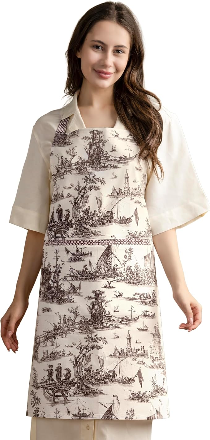 Maison d' Hermine Aprons for women with Pocket 100% Cotton (27.50"x31.50") | Adjustable Neck Strap & long ties Apron Men Chef Wedding Cooking Gardening Server Maid