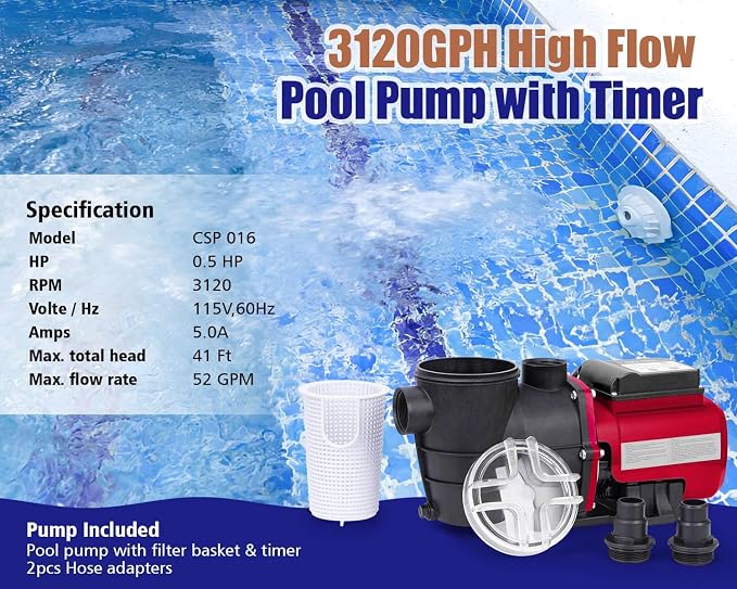 CIPU 1/2 HP Pool Pump with Timer, 3120 GPH, Filter Basket, 115V | Self-priming 3120GPH above ground pool pump includes timer function & hose adapters replacement for sand filter system.