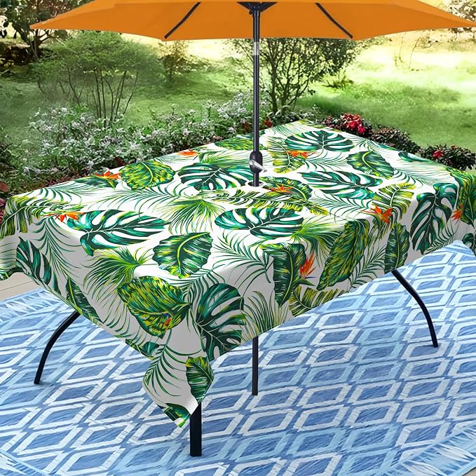 Green Leaves Outdoor Tablecloth with Umbrella Hole 60" x 84" Waterproof Zipper Table Cloth for Patio Table - Ideal Tablecloths for Picnics, Camping, and Yard Use