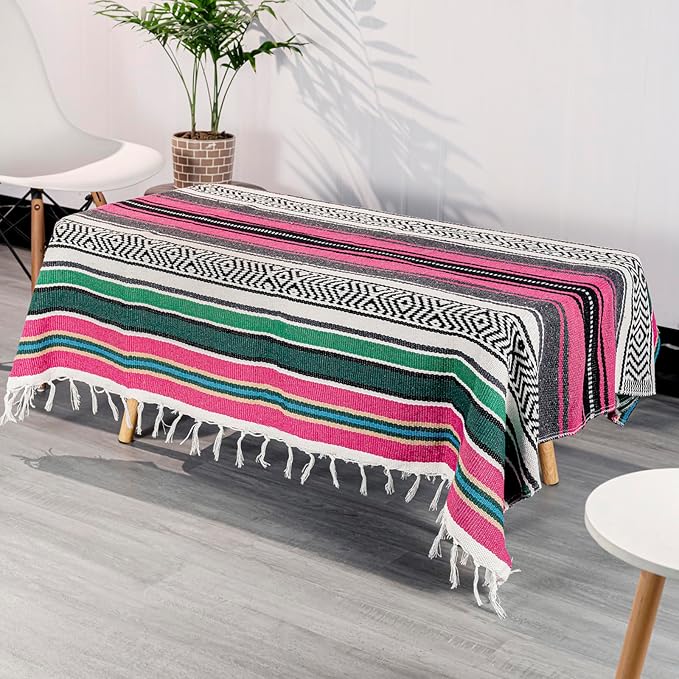 Mexican Blanket Throw with Tassels, 69 x 51 Inches Large Woven Serape Blanket, Boho Striped Picnic Yoga Beach Blanket, Soft Durable Tribal Falsa Blanket for Couch Outdoor Travel - Rose-Blue