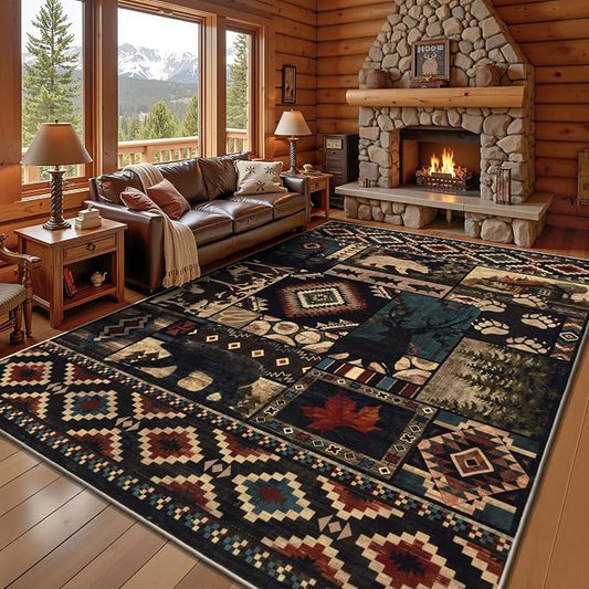 LOKHOM 6x9 Rustic Bear Area Rug, Washable Southwestern Lodge Cabin Rug | Bear Pattern, Non-Slip, Low Pile, Soft Vintage Wildlife Accent Floor Carpet, For Living Room Bedroom Dining Room Nursery