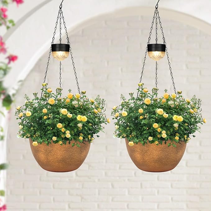 SUNNYPARK 2 Packs Hanging Planters Basket for Outdoor Plants, Solar Powered Self Watering Bronze Round Plastic Flower Pots with Drainer for Balcony Patio Garden Outdoor Decoration