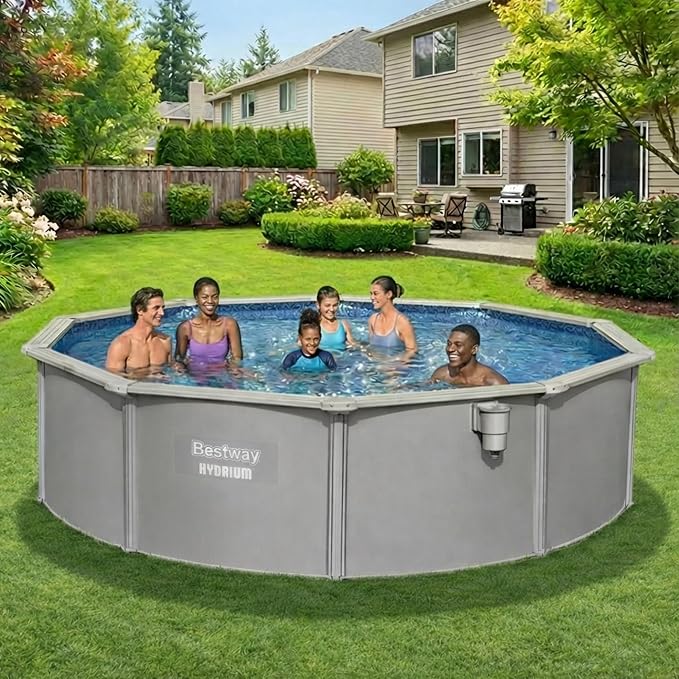 Bestway Hydrium 15' x 48" Steel Side Wall Above Ground Pool with Pump | Semi-Permanent All-Season Swimming Pool with Galvanized Steel Frame - Sand Filter Pump, Ladder, Cover, and Skimmer Included