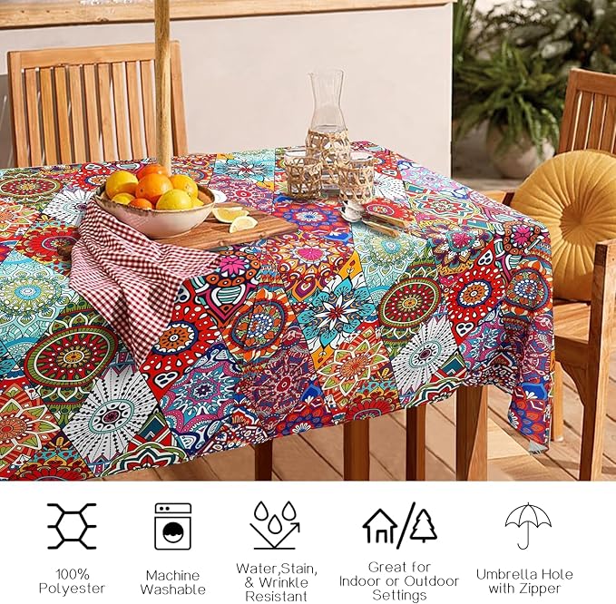 Outdoor Tablecloth with Umbrella Hole and Zipper, Rectangle Patio Table Covers for Spring/Summer, Machine Washable Outdoor Picnic Table Cloth (Kaleidoscope, 60" × 120" Rectangular)
