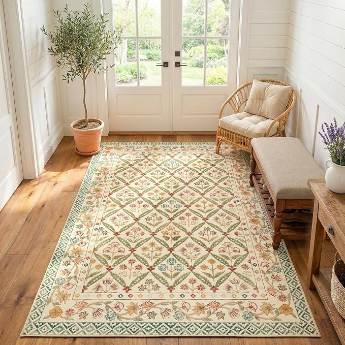 jinchan 5x7 Vintage Floral Washable Living Room Area Rug, Teal Blue | Soft & Lightweight, Checkered Floral, Low Pile, Non Slip, Bedroom, Dining Room, Girls Room, Home Office, Cottage Decor