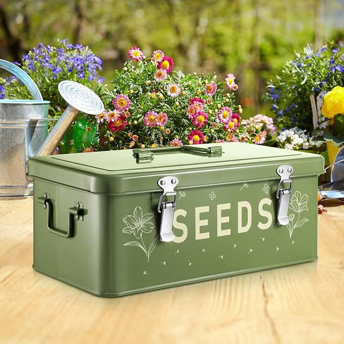 Seed Storage Organizer Box with 4 Compartments, Metal Seed Saving Container with Lockable Lid and Safety Locks, Includes 50 Envelopes, 100 Plant Labels, 50 Clips and Marker (Olive Green)
